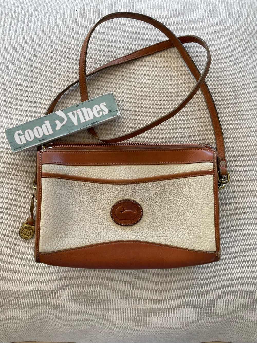 Vintage Dooney & Bourke Cream and Brown Pebbled Leather Crossbody Purse